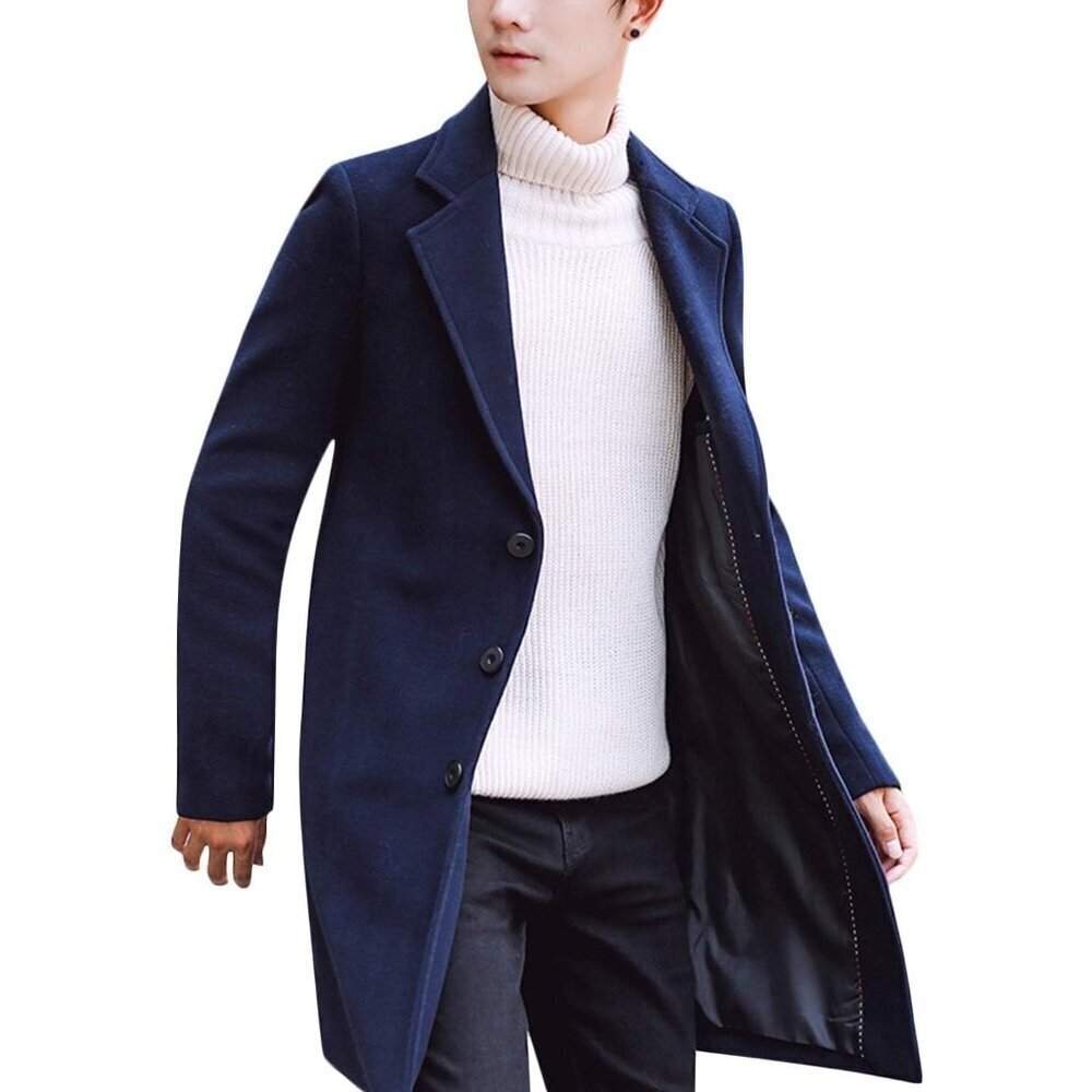 🆕Men's Navy Wool Blend Pea Coat Notched Collar Breasted Winter Trench Coat